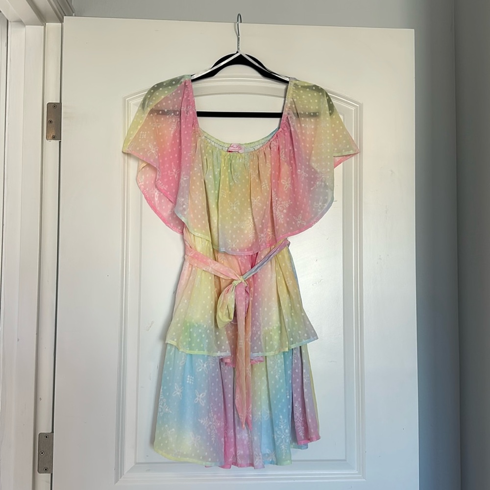 Women’s Pink Lily Off the Shoulder Rainbow Dress - Size Small